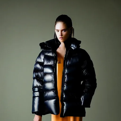 Image similar to realistic! photoshoot for a new balenciaga lookbook, color film photography, portrait of a beautiful woman wearing a puffer jacket, photo in style of tyler mitchell, 35mm