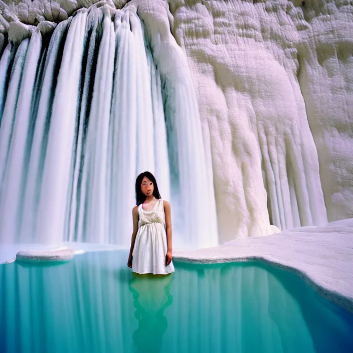 Prompt: Kodak Portra 400, 8K, soft light, volumetric lighting, highly detailed, britt marling style 3/4 ,portrait photo of Kasumi Arimura, the face emerges from Pamukkale, thermal waters flowing down white travertine terraces, inspired by Ophelia paint , a beautiful lace dress and hair are intricate with highly detailed realistic beautiful flowers , Realistic, Refined, Highly Detailed, natural outdoor soft pastel lighting colors scheme, outdoor fine art photography, Hyper realistic, photo realistic