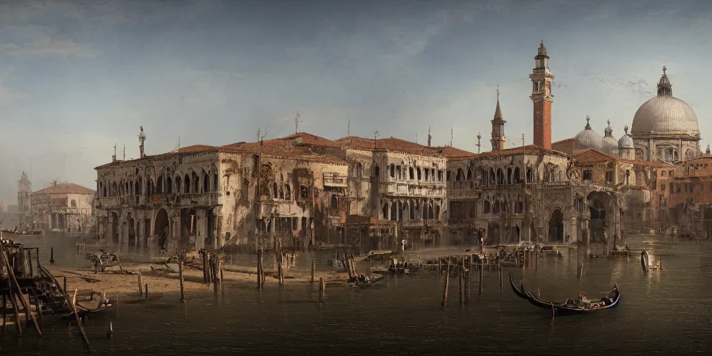 Prompt: painting of a post - apocalyptic venice by canaletto, highly detailed, grim, deserted, 8 k, octane render, trending on artstation