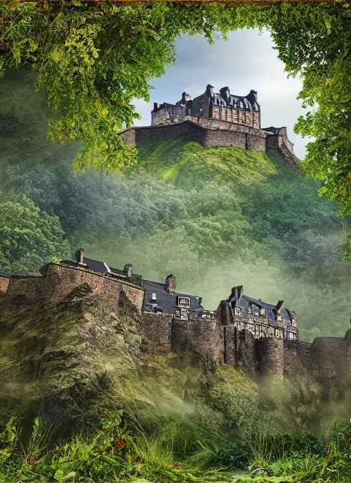 Image similar to a beautiful digital graphics design portrait of Edinburgh castle overgrown with plants, caledonian forest, matte painting, fantasy art, highly detailed