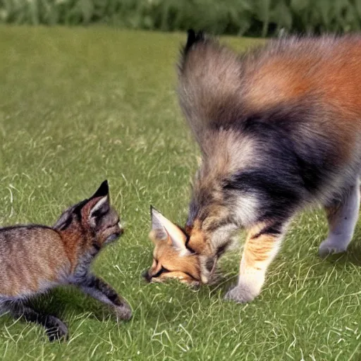 Image similar to a kitten looking at a string in the foreground, a german shepherd hunting a fox in the background