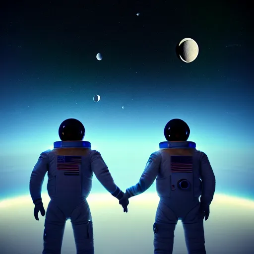 Prompt: a gay couple floating in space looking at the moon from up close, science fiction industrial hard science concept art, 8 k render octane high definition cgsociety