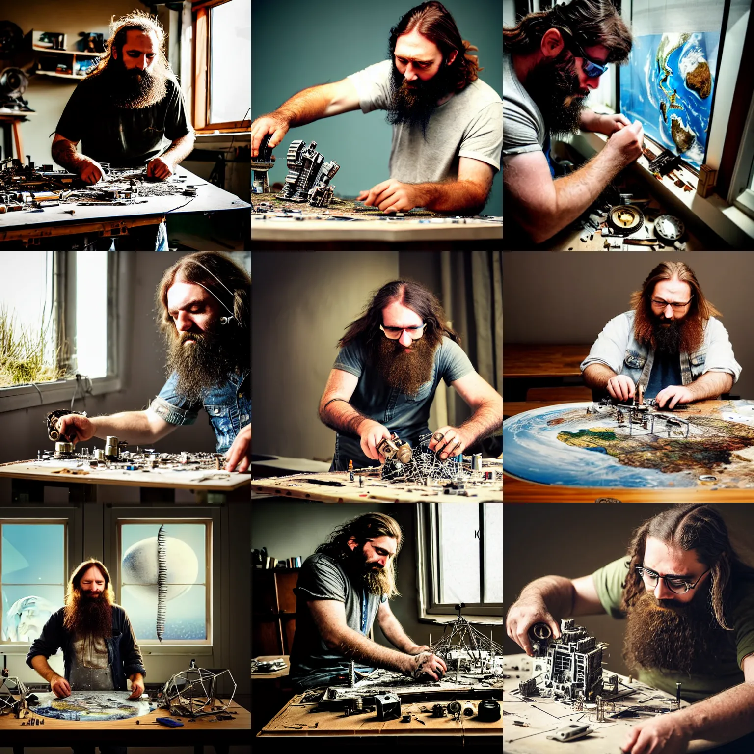 Prompt: a bearded man with long hair and in torn clothes is repairing a model of the planet earth on a table with radio components, planet earth lies on the table, space in an open window, futurism, cyberpunk, steampunk, hyper realism, ultra details