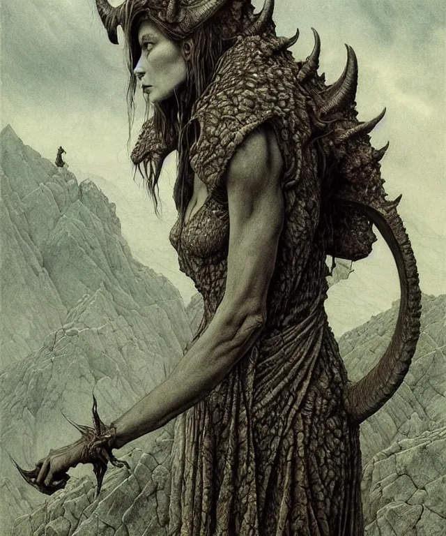 Image similar to A detailed horned dragonwoman stands among the hills. Wearing a ripped mantle, robe. Perfect faces, extremely high details, realistic, fantasy art, solo, masterpiece, art by Zdzisław Beksiński, Arthur Rackham, Dariusz Zawadzki