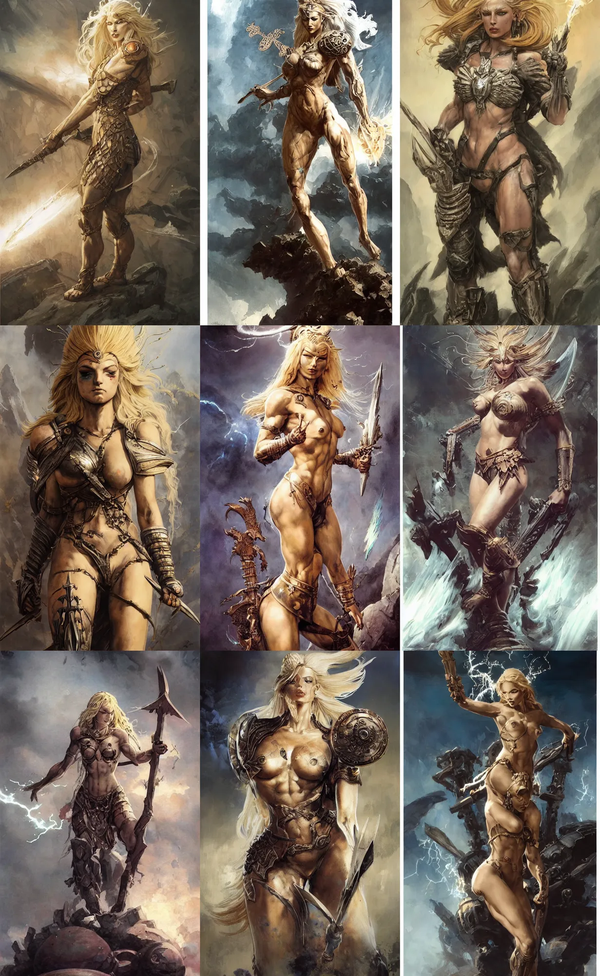Image similar to A mixed media painting of the beautiful blonde goddess of war infused with lightning, very aesthetic, detailed face, by Frank Frazetta, Greg Rutkowski, Boris Vallejo, Beeple, Yoko Taro, Christian MacNevin, epic fantasy character art, goddess of anger, viking runes, high fantasy, CGsociety, full length, exquisite detail, post-processing, low angle, masterpiece, cinematic, odin's stone arena background