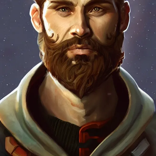 Image similar to portrait of a Germanic man with a beard and flight suit, D&D, sci-fi, elegant, hopeful, muscular, highly detailed, digital painting, artstation, concept art, smooth, sharp focus, illustration