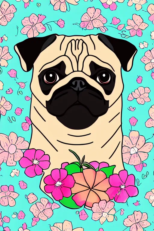 Image similar to pug eating flower. art by samantha mash, sticker, colorful, illustration, highly detailed, simple, smooth and clean vector curves, no jagged lines, vector art, smooth