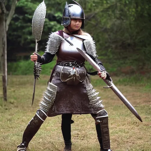 Image similar to full shot photo of a female warrior with spiky armour holding medieval flail