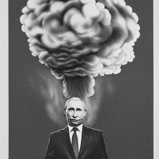 Image similar to vladimir putin flatulating a nuclear mushroom cloud from his rear, cartoonish, ultra detailed pencil art