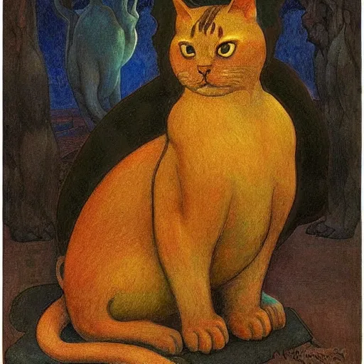 Image similar to painting of a cloisonne cat figurine, by annie swynnerton and diego rivera and nicholas roerich and jean delville, symbolist, dramatic lighting, god rays, art brut, rich colors, smooth, sharp focus, extremely detailed, adolf wolfli and ( donato giancola and bilibin )