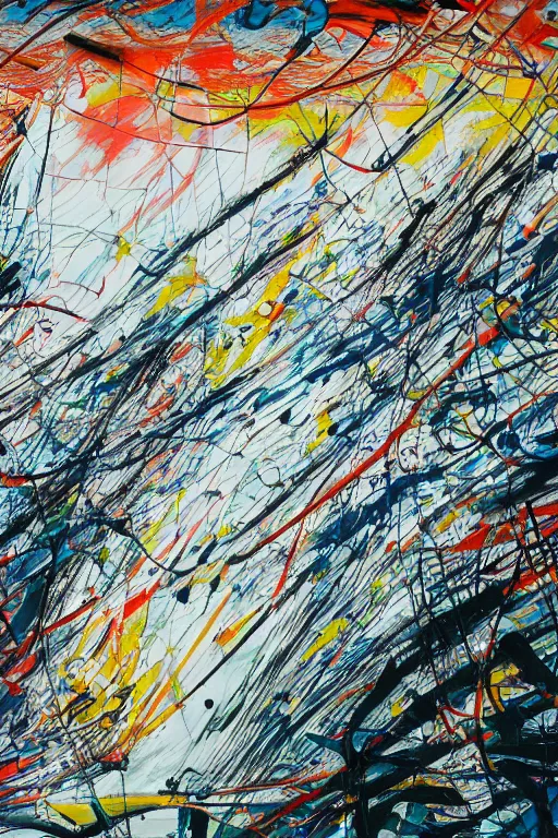 Prompt: sunrise over a japanese shrine by pollock and julie mehretu, abstract art, paint drops and lines, hyper detailed, rough white canvas
