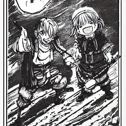 Image similar to precisely drawn illustration of anime two dwarf bandits laughing, old-fashioned tarot card, victorian playing card, sepia tone, wide angle, sharp, fine details, anime, manga, cyberpunk, intense line art, 8k, precise linework, realistic, shaded lighting by katsuhiro otomo ghost-in-the-shell, magali villeneuve, artgerm, rutkowski Jeremy Lipkin and Giuseppe Dangelico Pino and Michael Garmash and Rob Rey