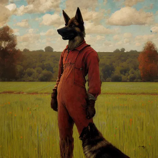 Image similar to farm life portrait of furry anthro anthropomorphic german shepard head animal person fursona wearing clothes farmer on the field in ohio, sunny day, digital art by Nerdrum John, William Waterhouse, Winslow Homer, Alex Heywood, Jordan Grimmer, Darren Quach, Greg Rutkowski, Simon Stalenhag, trending on Artstation, CGSociety