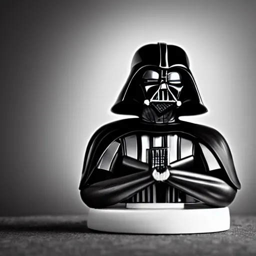 Image similar to a black and white darth vader figurine sitting on top of a table, a macro photograph by Craola, featured on zbrush central, mingei, made of rubber, goth, black background