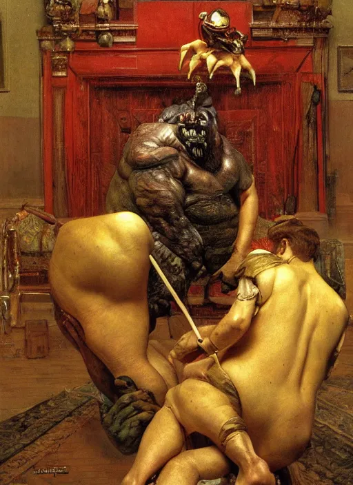 Image similar to upper body portrait of an ogre in victorian living room, by lawrence alma-tadema and zdzislaw beksinski and norman rockwell and jack kirby and tom lovell and greg staples, artstation creature art