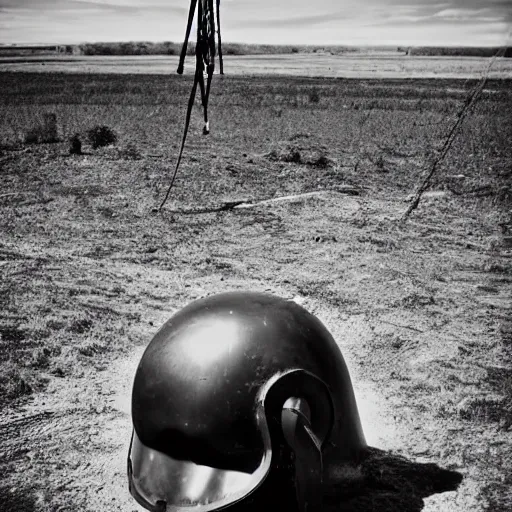 Image similar to wide angle photo of viking wearing space suit helmet and viking armor working on the antigravity gun ancient device, tools and junk on the ground,wires and lights, old village in the distance, vintage old photo, black and white, sepia