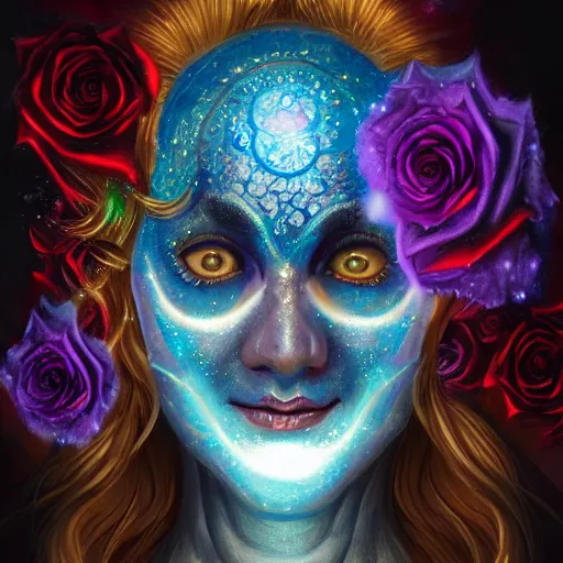 Image similar to Very very very very highly detailed mystic, enigmatic, strange portrait with galaxy, roses, shark's teeth by Mozart, intricate, extremely detailed, digital painting, artstation, concept art, smooth, sharp focus, illustration, intimidating lighting, incredible art,