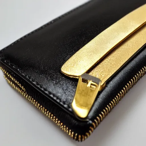 Image similar to womans black leather wallet with a gold zipper designed by claude monet