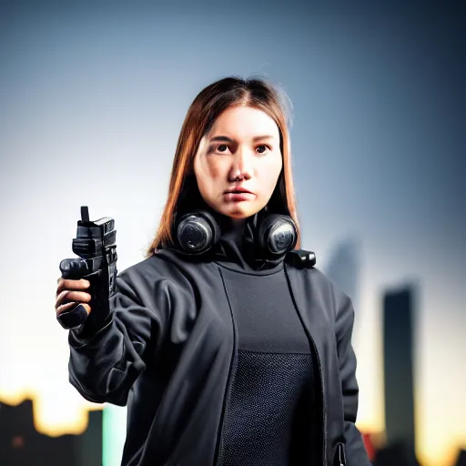 Image similar to photographic portrait of a techwear woman holding a Glock 18, closeup, on the rooftop of a futuristic city at night, sigma 85mm f/1.4, 4k, depth of field, high resolution, 4k, 8k, hd, full color