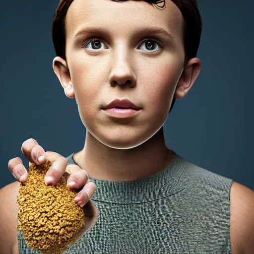 Image similar to millie bobby brown made out of millet, human face made out of millet, professional food photography