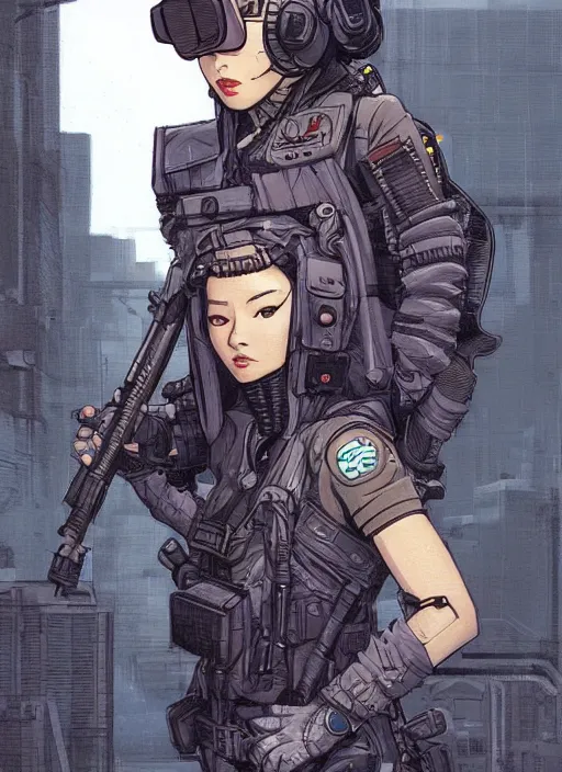 Image similar to Dangerous Mio. beautiful female Japanese cyberpunk mercenary wearing a cyberpunk tactical headset and military vest. Attractive face. Realistic Proportions. Concept art by James Gurney and Laurie Greasley. Moody Industrial skyline. ArtstationHQ. Creative character design for cyberpunk 2077.