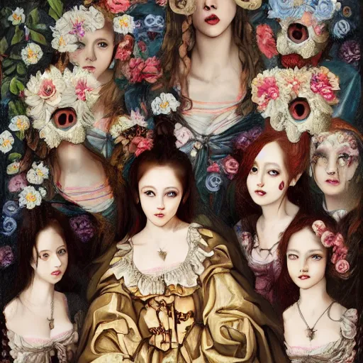 Image similar to renaissance, baroque 8k oil painting group of creepy young ladies wearing renaissance long harajuku manga dress with flowers and skulls, background chaotic flowers