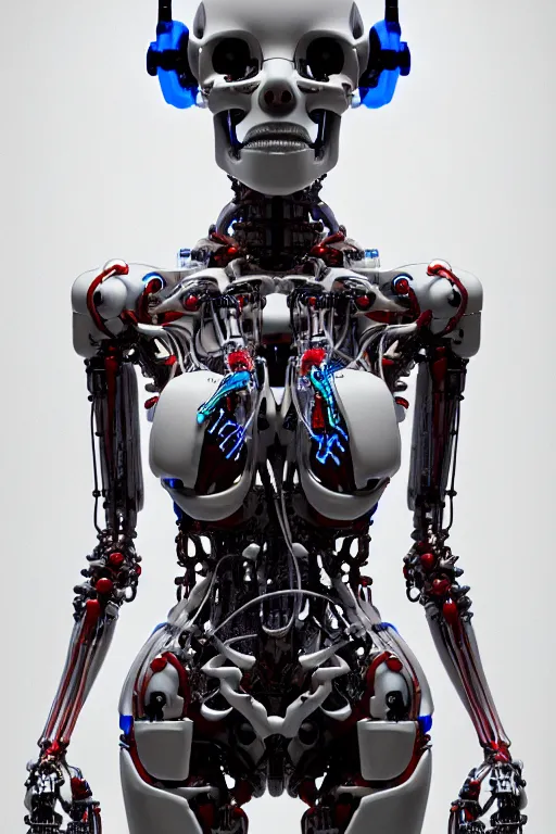 Prompt: a robot holding a human skull on its hand, perfect symmetrical body, full body shot, inflateble shapes, wires, tubes, veins, white biomechanical, wearing epic bionic cybor implants, masterpiece, intricate, biopunk vogue, highly detailed, artstation, concept art, cyberpunk, octane render