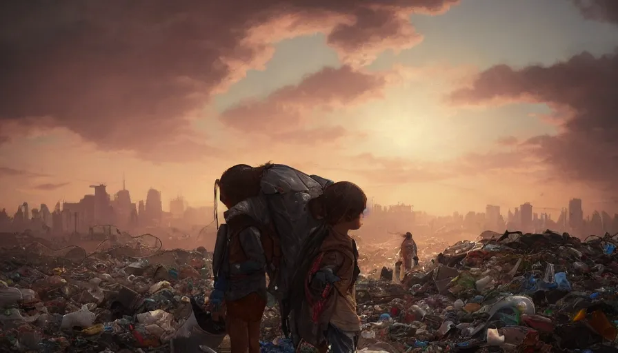 Prompt: poor detailed child with backpack standing at cars looking for food at garbage dump, destroyed cars, city is pure wasteland, moody sunset in background, greg rutkowski, alphonse mucha, trending on artstation, artgerm, unreal engine, breathtaking, award winning, highly detailed