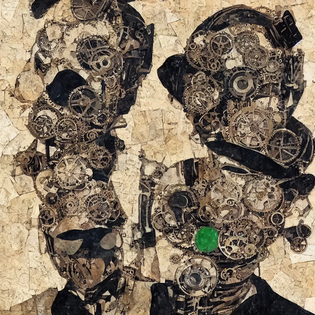 Prompt: steampunk boy with a super detailed and intricate mask, collage in the style of matisse