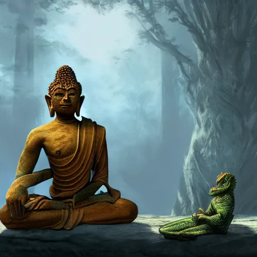 Image similar to argonian!!! buddha, praying meditating, epic fantasy concept art, octane render, artstation trending