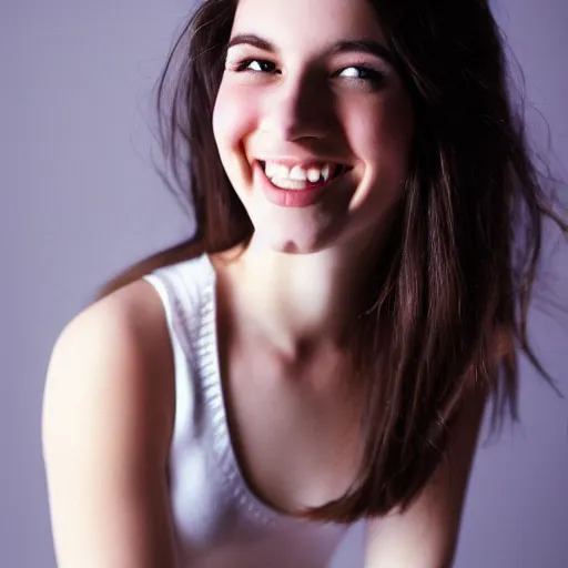 Prompt: Young pale brunette woman smiling, photoshoot, 30mm, Taken with a Pentax1000, studio lighting