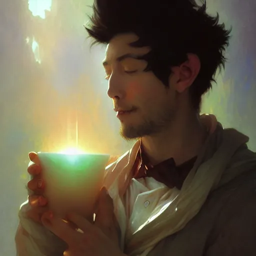 Image similar to A man drinking a cup of cosmic energy bright light, illustration by Ruan Jia and Mandy Jurgens and William-Adolphe Bouguereau, Artgerm, 4k, digital art, surreal, anime style, space dandy style, highly detailed, godsend, artstation, digital painting, concept art, smooth, sharp focus, illustration by Ruan Jia and Mandy Jurgens and William-Adolphe Bouguereau, Artgerm