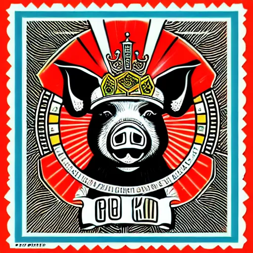 Image similar to good pig king logo Illustrated by Shepard Fairey, H.R. Geiger, YASUHIKO Yoshikazu, and lisa frank, ultra detailed pen sketch, hyper realistic, fine texture, shading, intricate detail, skin detail,