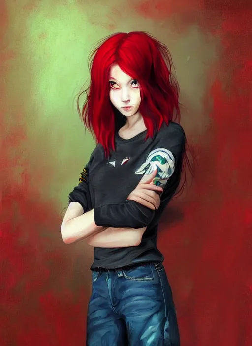 Prompt: painting of a beautiful tomboy girl with long, crimson red hair and red eyes, wearing a dark red shirt and green jeans with a stern look, concept art, character design, trending on artstaion, by WLOP, by Tomine, by Kon, Satoshi, by Hildebrandt