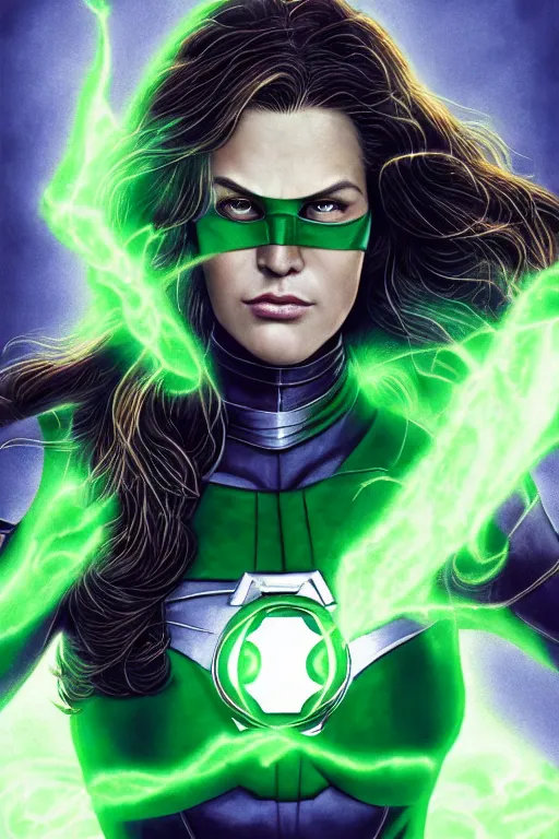 Image similar to Majestic and regal portrait of a female Green Lantern, DC universe, Perfect face, beautiful, intricate, epic, elegant, menacing, fantasy, highly detailed, digital painting, hard focus, beautiful volumetric lighting, epic light, ultra detailed, by Leesha Hannigan, Ross Tran, Thierry Doizon, Kai Carpenter, Ignacio Fernández Ríos