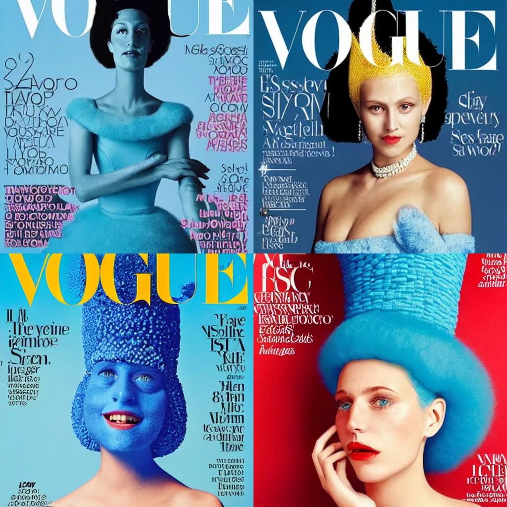 Prompt: Photo of a beautiful 20yo Marge Simpson by Mario Testino on the cover of Vogue Magazine detailed, 82 mm sigma art