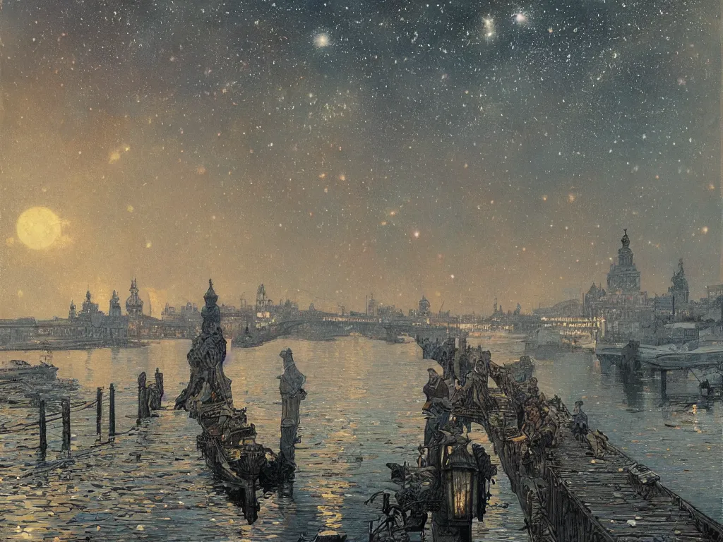 Image similar to a view from the neva river in saint petersburg at night with the sky full of stars, intricate, elegant, highly detailed, digital painting, artstation, concept art, smooth, sharp focus, colored illustration for tattoo, art by krenz cushart and artem demura and alphonse mucha,