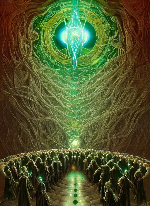 Image similar to a quantum computer, geometric crystal wiring, emerald circuits, highly advanced technology surrounded by a dark cabal of multiple hooded elven mystics in long dark robes gathered in a circular formation, dan seagrave art, michael whelan, artstation, cgsociety