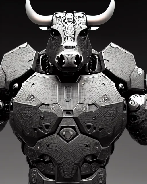 Prompt: a full body shot of a imposing cyborg ( bull ) modeled after a bull with open eyes looking into the camera, black skin!!!, intricate pattern, hard rubber chest, highly detailed, android, cyborg, full body shot, intricate, 3 d, symmetrical, octane render, fantasy, highly detailed, digital art, artstation, strong bokeh