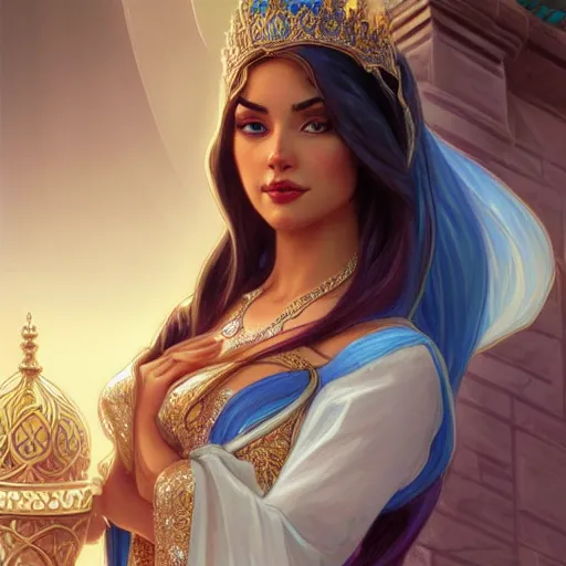 Image similar to beautiful young princess jasmine, closeup, palace background, d & d, fantasy, elegant, highly detailed, digital painting, artstation, concept art, matte, sharp focus, illustration, art by artgerm and greg rutkowski and alphonse mucha