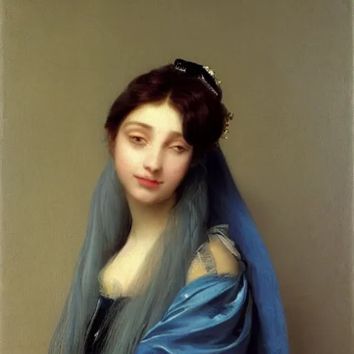 Prompt: a young woman’s face, her hair is white, she wears a long flowing blue satin veil, by ivan aivazovsky and pieter claesz and paul delaroche and alma tadema and august malmstrom and and willen claesz heda and aelbert cuyp and gerard ter borch and isaac levitan and jean giraud, fine detail, hyperrealistic, rendered in octane