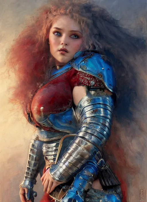 Prompt: beautiful blue - eyed samantha 3 8 g bbw plumper big girl wearing tiny red medieval armour, detailed by gaston bussiere, bayard wu, greg rutkowski, giger, maxim verehin, greg rutkowski, masterpiece, sharp focus, cinematic lightning