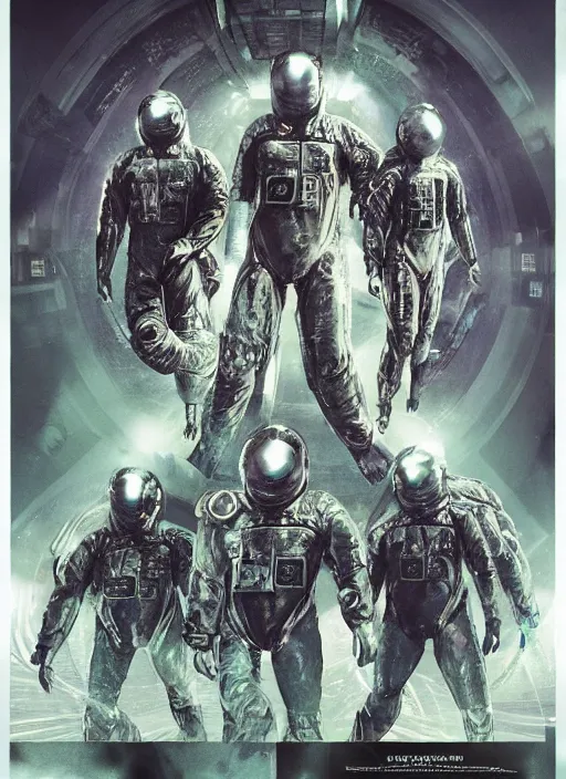 Image similar to astronauts in dark and empty void underwater - complex and hyperdetailed technical suit. reflection and dispersion materials. rays and dispersion of light. volumetric light. 5 0 mm, f / 3 2. noise film photo. flash photography. ultra realistic, wide angle. poster by wayne barlowe, hajime sorayama aaron horkey, craig mullins