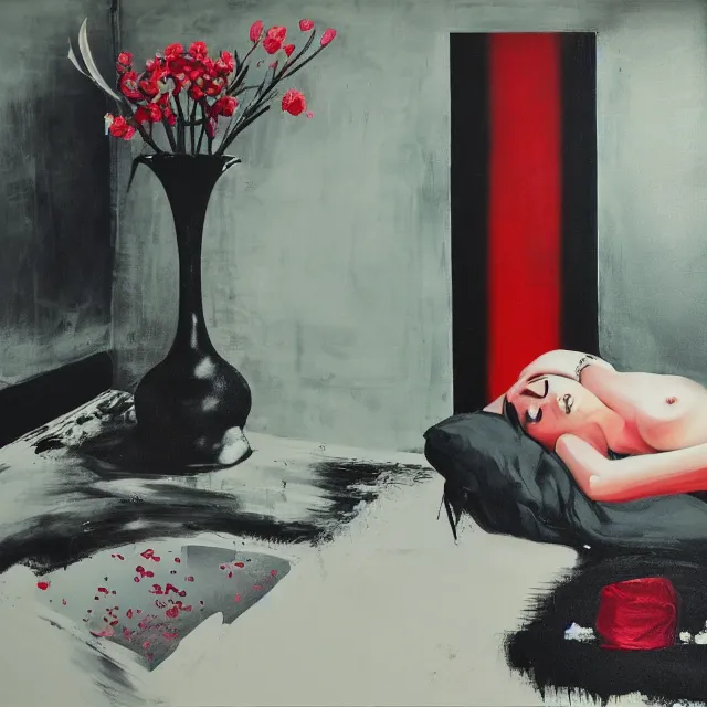 Image similar to empty room with black walls, sensual portrait of a woman sleeping, japanese vase, old flowers, puddle of water, octopus, squashed berries, neo - expressionism, surrealism, acrylic and spray paint and oilstick on canvas