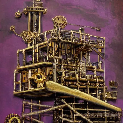 Prompt: steampunk oil rig with purple and brass accents over a dried uo ocean, kaladesh, stylized, hyperrealistic