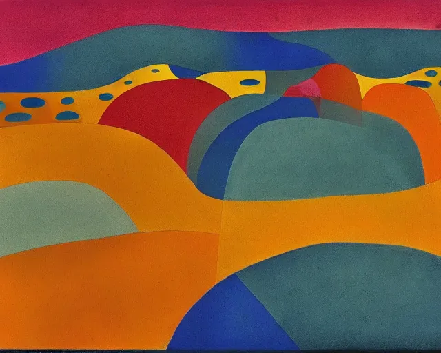 Image similar to A wild, insane, modernist landscape painting. Wild energy patterns rippling in all directions. Curves, organic, zig-zags. Saturated color. Mountains. Clouds. Rushing water. Waves. Sci-fi dream world. Wayne Thiebaud. Lisa Yuskavage landscape. Paul Klee.