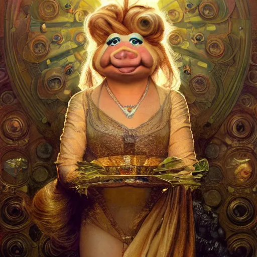 Prompt: Epic Masterpiece head and shoulders portrait of Miss Piggy drawn by Donato Giancola and Tom Bagshaw, Edmund Leighton, Alphonse Mucha, background by James Jean and Gustav Klimt, 4k, porcelain skin, volumetric lighting, komorebi, french nouveau, trending on artstation, octane render, hyperrealistic