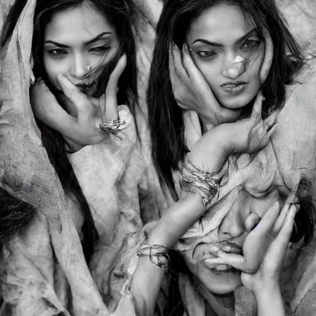 Image similar to waist up portrait photography of indian beauty who have the nose of angelina jolie, lips of megan fox and the eyes of rihanna, award winning photography by leonardo espina, black and white, old style photography, photo pose