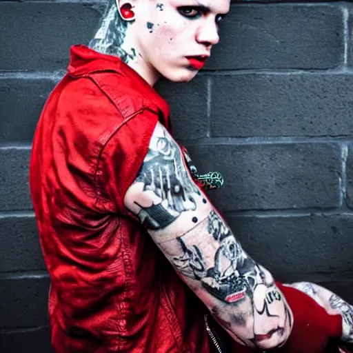 Image similar to young man with a red dyed mohawk, dressed in punk clothing, punk style, crustpunk, portrait photo, attractive, handsome