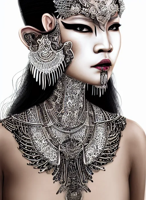 Image similar to a fierce looking beautiful young thai woman with symmetrical white makeup, wearing an intricate headdress made from bones and leather, wearing large earrings made from white bones, hyperdetailed illustration by irakli nadar and alexandre ferra, intricate linework, in the style of a national geographic portrait, unreal engine 5 highly rendered, global illumination, radiant light, detailed and intricate environment